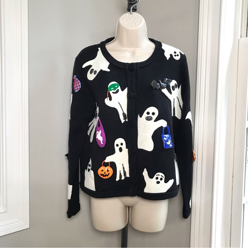 Vintage Michael Simon Halloween Ghosts Cardigan Sweater ~ Women’s Small